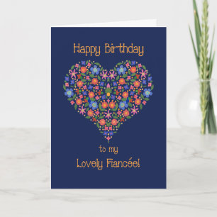 Folk Art Floral Heart Birthday Card for Fiancee
