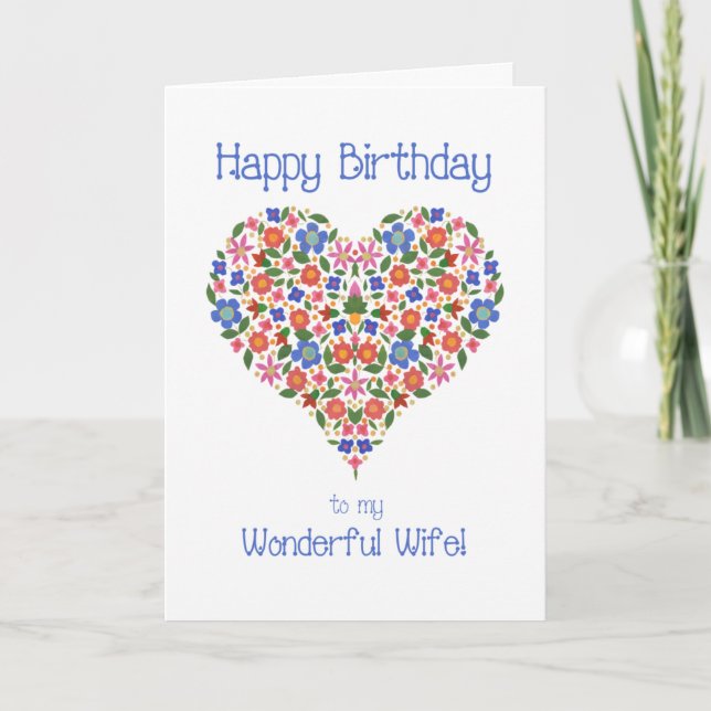 Folk Art Floral Heart Birthday Card for Wife (Front)