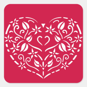 Folk Art Floral Heart Valentine Love Square Sticker