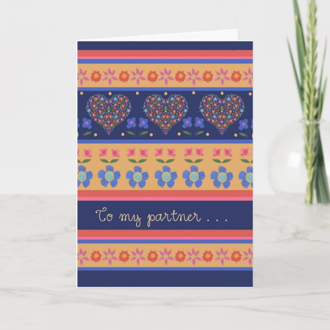 Folk Art Floral Hearts Birthday Card for Partner (Front)