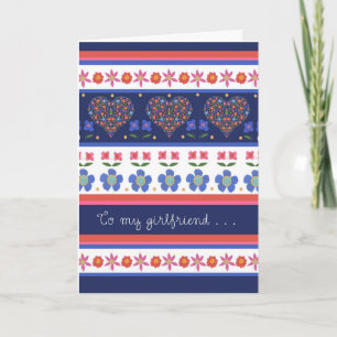 Folk Art Floral Hearts Birthday Card, Girlfriend Card
