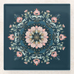 Folk-Art Floral Mandala Glass Coaster<br><div class="desc">Vibrant glass coaster featuring an intricate floral mandala design, blending bohemian folk art with a modern color palette. Centered on a deep teal background, the symmetrical pattern showcases a layered centerpiece surrounded by delicate pink, soft blue, and gold-toned blossoms. This elegant piece is both a functional home accessory and a...</div>