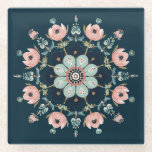 Folk-Art Floral Mandala Glass Coaster<br><div class="desc">Vibrant glass coaster featuring an intricate floral mandala design, blending bohemian folk art with a modern color palette. Centered on a deep teal background, the symmetrical pattern showcases a layered centerpiece surrounded by delicate pink, soft blue, and gold-toned blossoms. This elegant piece is both a functional home accessory and a...</div>