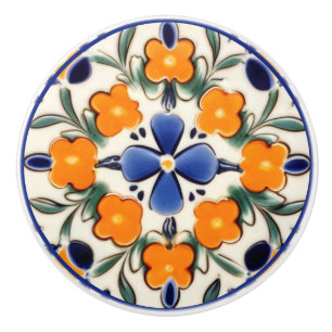 Folk Art Floral Orange & Blue Flowers Ceramic Knob