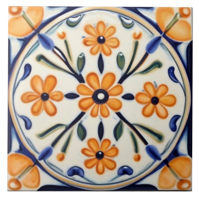 Folk Art Floral Orange Flowers Blue Circle Tile (Front)