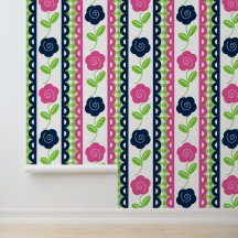 Folk Art Floral Scalloped Stripe on Lime Gingham