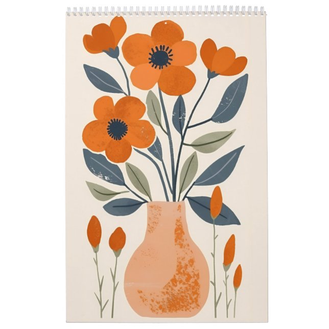 Folk Art Floral | Scandinavian Orange Flower Wall Calendar (Cover)