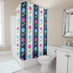 Folk Art Floral Stripe Chequerboard Pink & Navy Shower Curtain