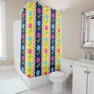 Folk Art Floral Stripe Chequerboard  Yellow & Navy Shower Curtain