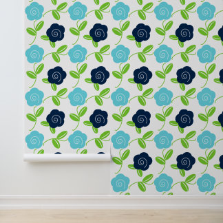 Folk Art Floral Toss in Navy & Aqua on White Wallpaper