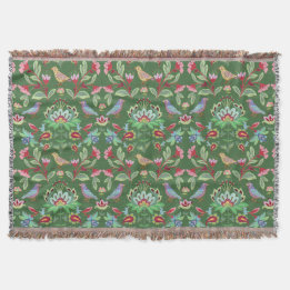 Folk Art Floral With Birds on Green Throw