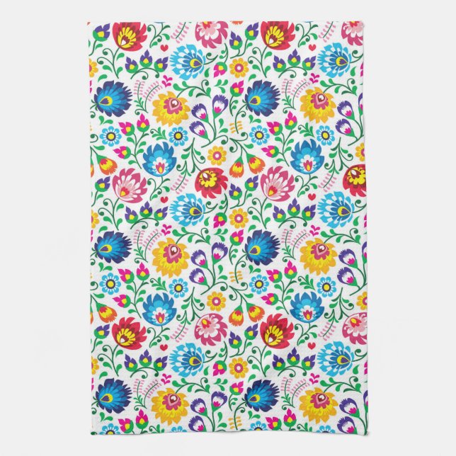 Folk Art Flower Pattern 2 Tea Towel (Vertical)