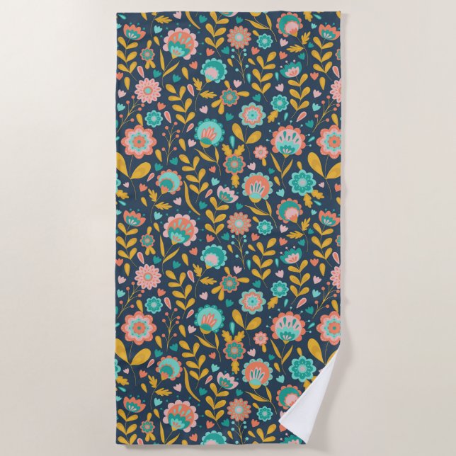 Folk Art Flower Pattern Beach Towel (Front)