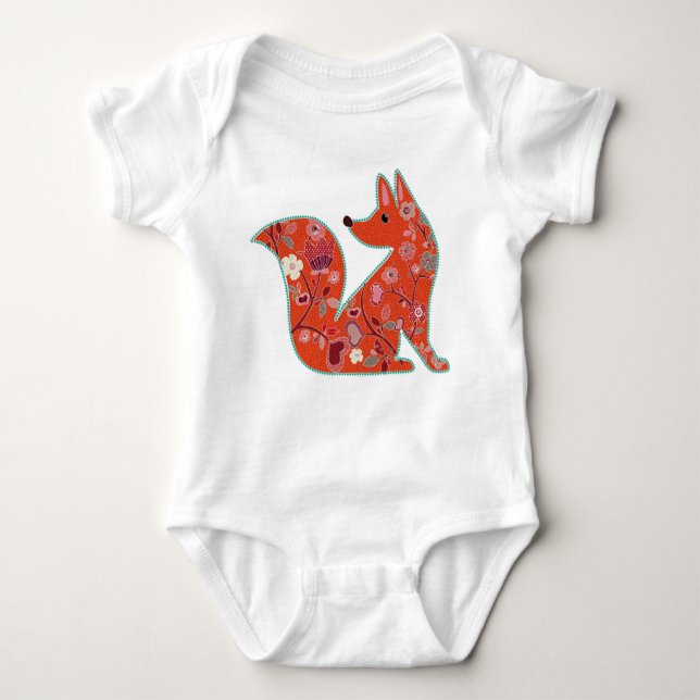 Folk Art Flower Pattern Fox Baby Bodysuit (Front)