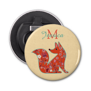 Folk Art Flower Pattern Fox Personalised Bottle Opener