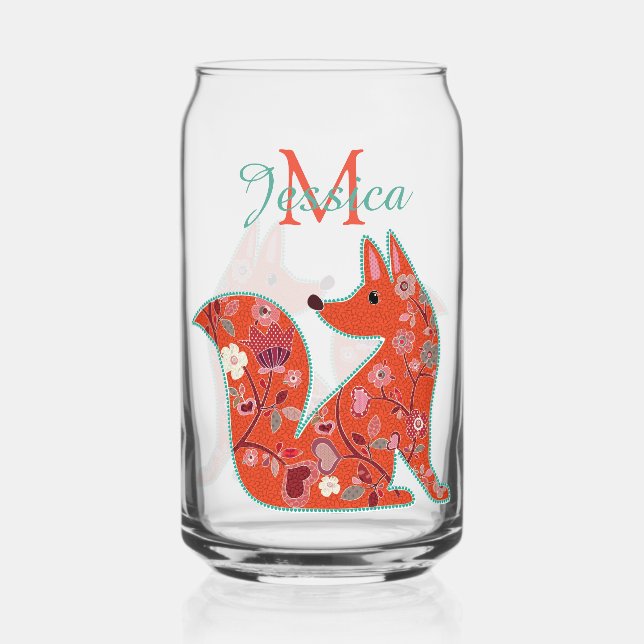 Folk Art Flower Pattern Fox Personalised Can Glass (Front)