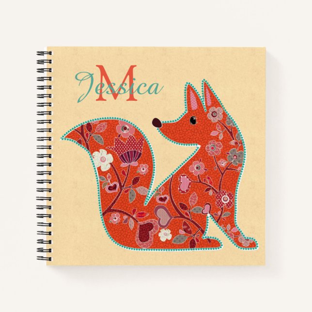 Folk Art Flower Pattern Fox Personalised Notebook (Front)