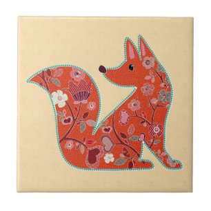 Folk Art Flower Pattern Fox Tile