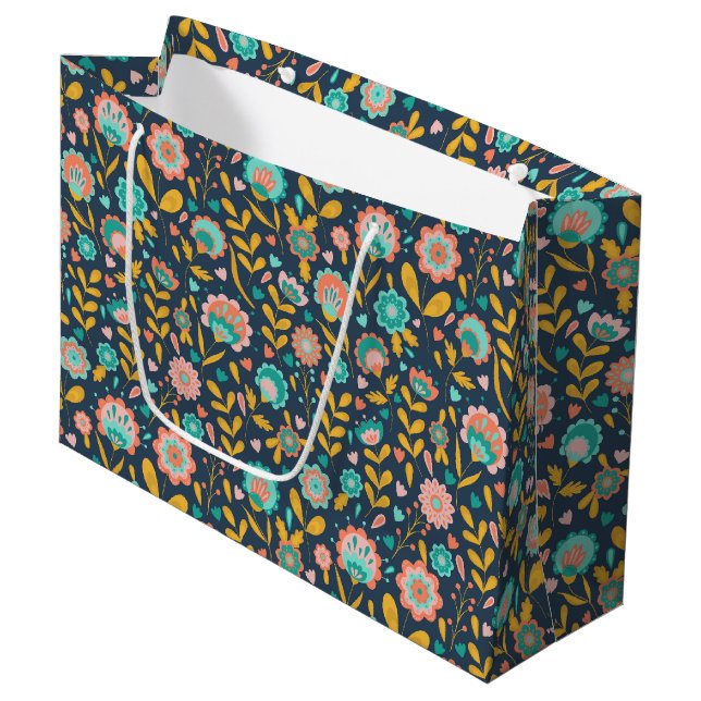 Folk Art Flower Pattern Large Gift Bag (Front Angled)