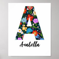 Folk Art Flowers Monogram Letter A Print