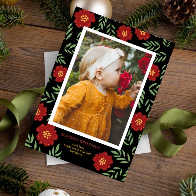 Folk Art Flowers Photo Holiday Card (Creator Uploaded)