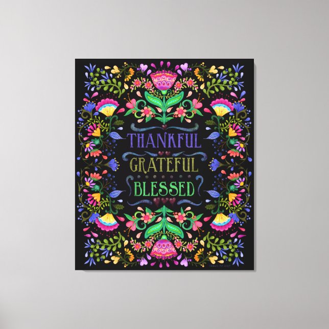 Folk Art Flowers | Thankful, Grateful, Blessed Canvas Print (Front)