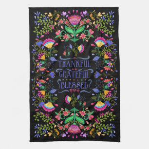 Folk Art Flowers Thankful, Grateful, Blessed Tea Towel