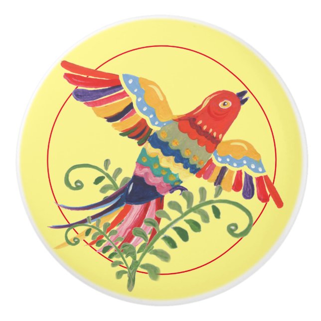 Folk Art Flying Bird Colourful Rustic Retro Yellow Ceramic Knob (Front)