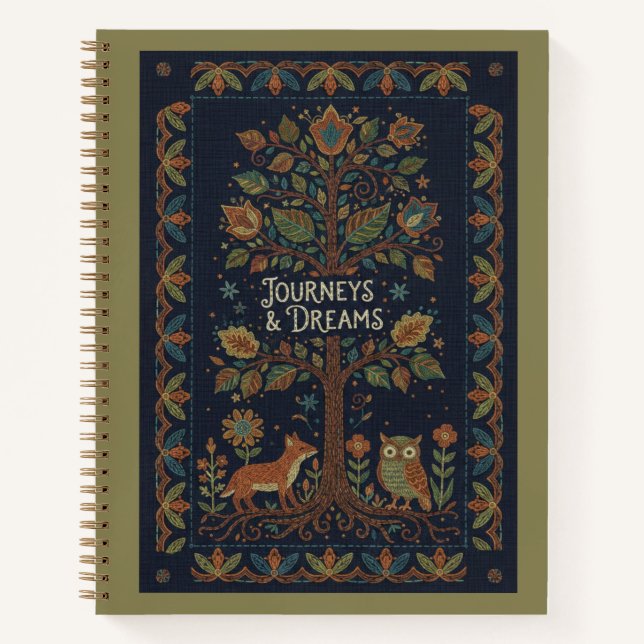 Folk Art Forest Nature, Faux Stitch Navy Linen  Notebook (Front)