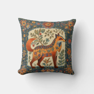 Folk Art Fox and Flowers Teal Blue Cream Cushion
