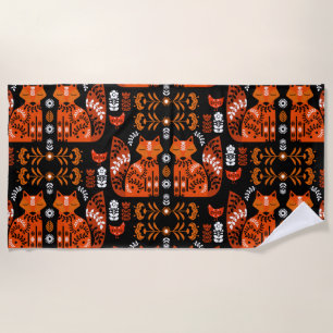 Folk Art Fox And Hen Beach Towel