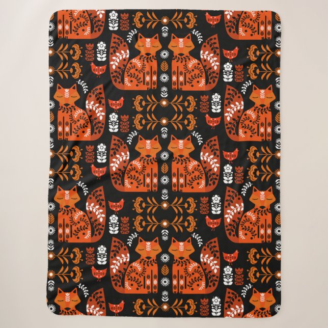 Folk Art Fox And Hen Sherpa Blanket (Front)