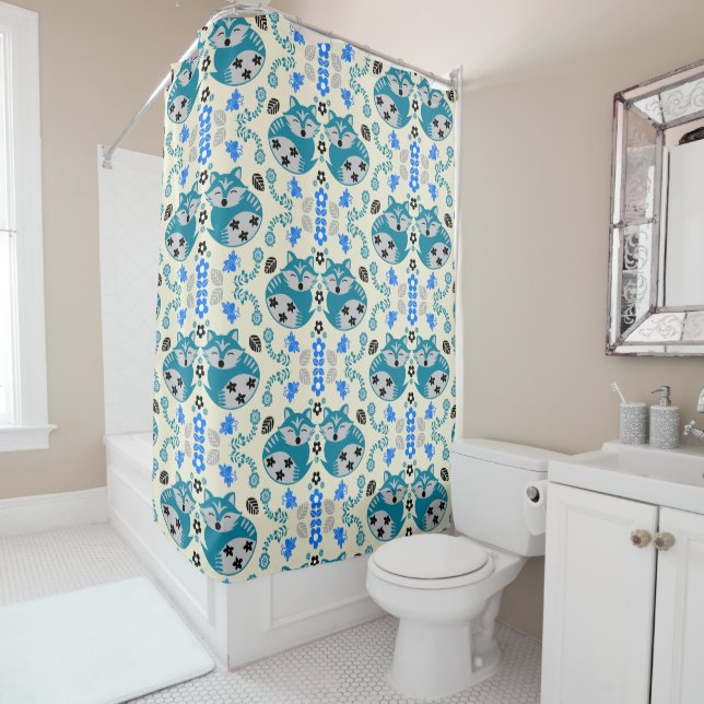 Folk Art Fox Print Decor Shower Curtain (In Situ)