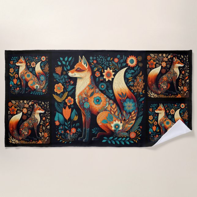 Folk Art Foxes Beach Towel (Front)