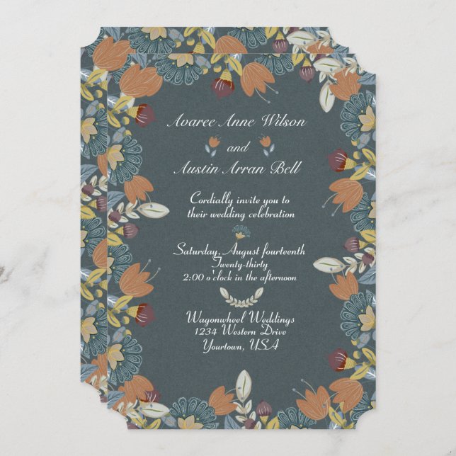 Folk Art Frame in Blue Brown Tan Invitation (Front/Back)