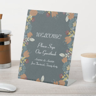 Folk Art Frame in Blue Brown Tan Pedestal Sign