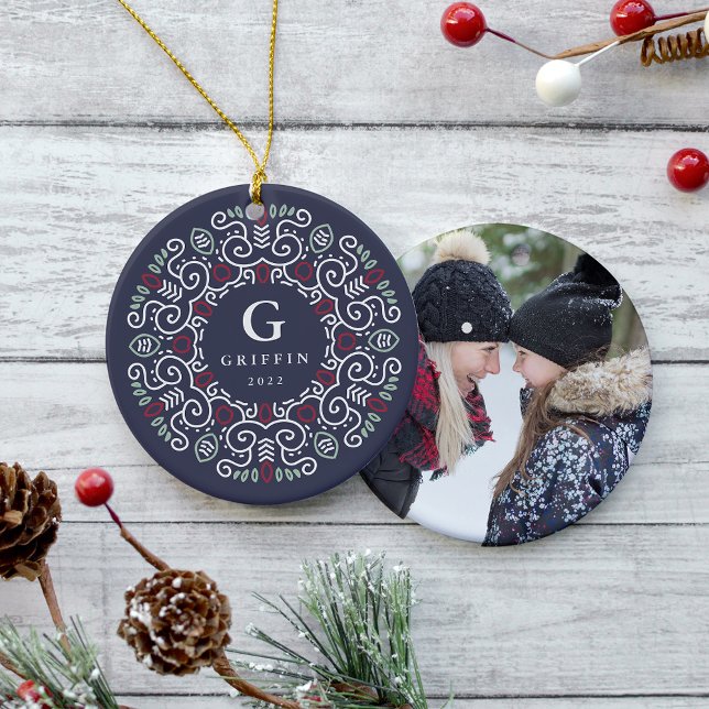 Folk Art Holiday Monogram & Photo Double Sided Ceramic Tree Decoration (Creator Uploaded)