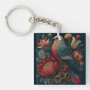 Folk Art Illustration of a Bird Among Vibrant Flow Key Ring
