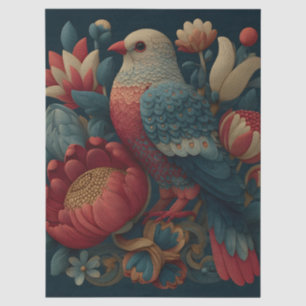 Folk Art Illustration of a Bird Among Vibrant Flow Tissue Paper