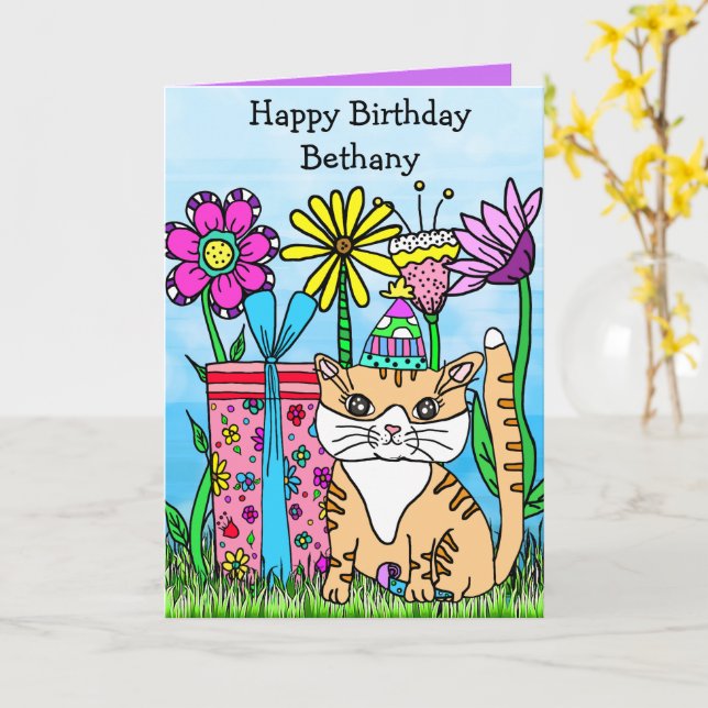 Folk Art Kitty Cat and Colourful Flowers Card (Yellow Flower)