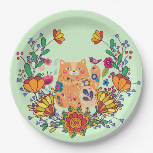 Folk Art Kitty Paper Plate
