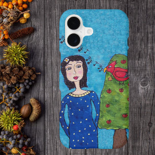 Folk Art Lady Apple Tree Red Bird Musical Notes