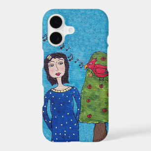Folk Art Lady Apple Tree Red Bird Musical Notes