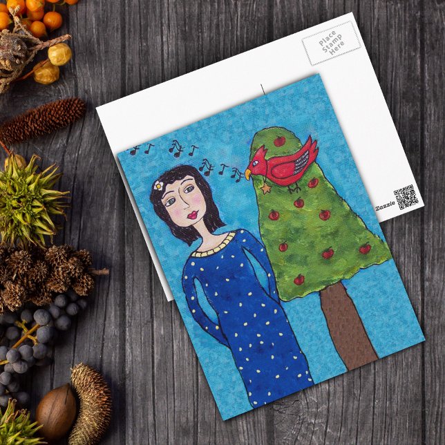 Folk Art Lady Apple Tree Red Bird Musical Notes Postcard (Folk art lady apple tree singing red bird with star necklace, music notes on blue postcard)