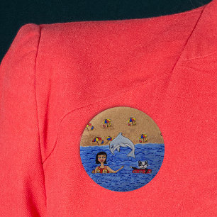 Folk Art Lady Cat Beach Ocean Dolphin Swimming 6 Cm Round Badge