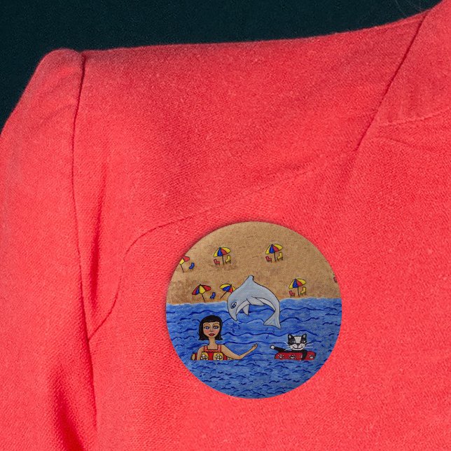 Folk Art Lady Cat Beach Ocean Dolphin Swimming 6 Cm Round Badge (Woman with cat inner tubes in ocean with jumping grey dolphin beach umbrellas on pin back button.)