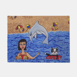 Folk Art Lady Cat Beach Ocean Dolphin Swimming Doormat