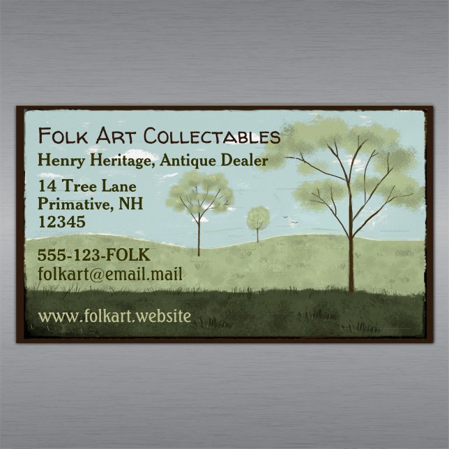Folk Art Landscape Primitive Americana Trees Magnetic Business Card (Creator Uploaded)