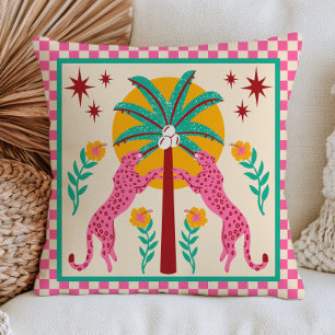 Folk Art Leopards with Palm Tree Chequered BOHO Cushion
