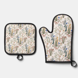 Folk Art Meadow & Blue Bird in Earth Tones Oven Mitt & Pot Holder Set